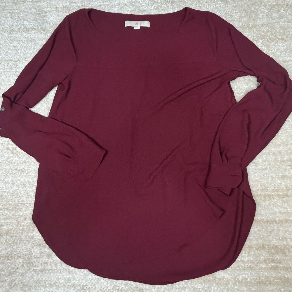 LOFT Blouse Womens XS Long Sleeve Button Tab Tunic Crepe Burgundy Round Neck